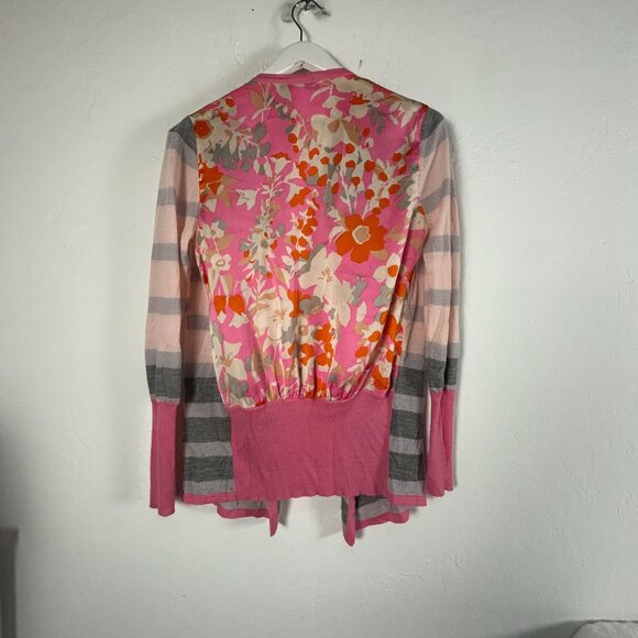Clements Ribeiro Women’s Cardigan Sweater Small Pink Gray Striped Floral NWOT - Picture 2 of 7